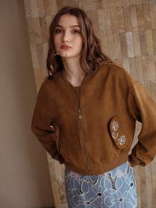 MOTF PREMIUM WOMEN'S AUTUMN/WINTER SUEDE EMBROIDERY FLORAL SHORT JACKET - Brown - View 5