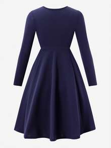 SHEIN Explorewe 少女优雅通勤女士圆领针织修身长袖金色纽扣A字连衣裙 - 藍色 - 查看 2