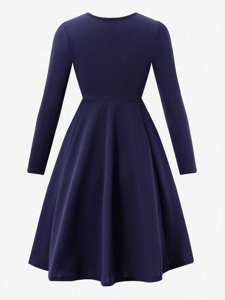 SHEIN Explorewe Tween Girls Elegant Commuter Lady Round Neck Knit Fitted Long Sleeve Gold Button A-Line Dress - Blue - View 2