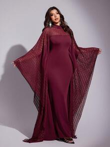 Viva Relle Women Summer Elegant Lace-Patterned Patchwork Bell Sleeve Dress For Burgundy,Winter,Wedding,Christmas,New Year's,Valentine's Day,Parties, Fall - Red - View 5