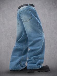 Manfinity Denimwave Herren einfarbige Jeans im täglichen Stil, schlichte blaue Cargo Jeans in weiter Passform mit Waschung, als Geschenk für Ehemann oder Freund - Blau - Übersicht 2