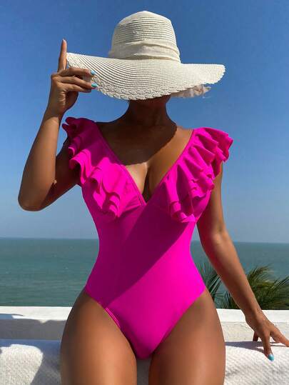 Women's Summer Vacation Beach Solid Color Ruffle V-Neck One-Piece Swimsuit