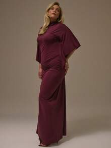 MUSERA Đầm maxi dài dáng cánh dơi, tay ngắn, cổ cao, bất đối xứng, thích hợp cho tiệc thu, dáng ôm. - Màu tím - Xem 3