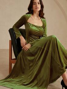 EMERY ROSE Váy dài bồng bềnh dáng chữ A cổ vuông thanh lịch sang trọng kiểu Pháp, vải nhung trơn màu gợi cảm, thiết kế nhiều lớp, khóa kéo sau lưng, váy dài xếp nếp cao cấp, phù hợp cho các dịp trang trọng mùa thu/đông, tiệc tối - Màu xanh Ô liu - Xem 3