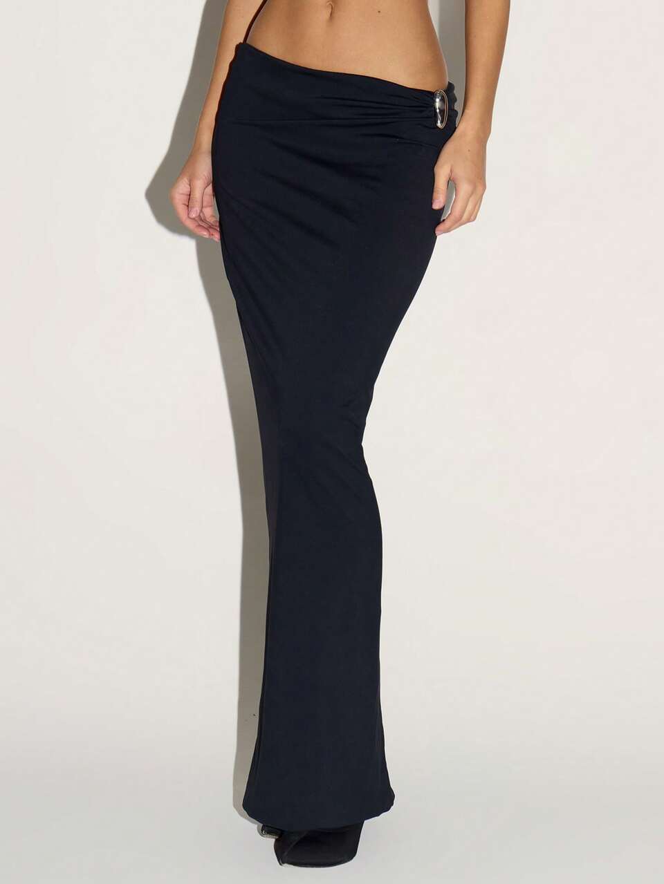 Silver Trim Low Ruched Waist Slinky Maxi Skirt Autumn Fall  Going Out Casual Cute Sexy Night Out Cool Party Summer