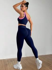 Dewbera Bộ đồ thể thao nữ liền mạch nâng mông nâng mông một bên vai liền mạch có độ đàn hồi cao - Màu xanh hải quân - Xem 2