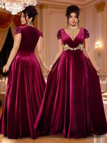 Cravure Váy dự tiệc nhung cỡ lớn cho nữ, cổ chữ V, viền xếp nếp sequin, váy dự tiệc cao cấp sang trọng - Màu Đỏ Sâu - Xem 3