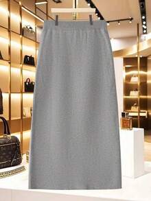 SHEIN Lacomfia Váy len thanh lịch dành cho nữ đính đá, sequin và trang trí túi, thời trang và cao cấp - Xám - Xem 2