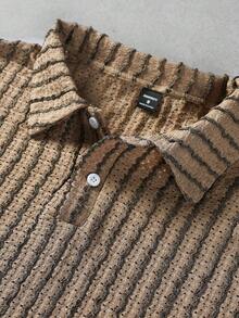 Manfinity Homme 卡其色竖条纹男士长袖Polo衫 - 卡其色 - 查看 7