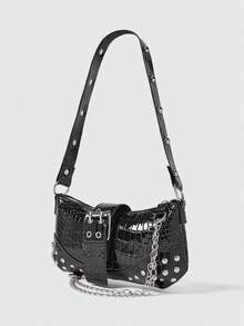 ROMWE Grunge Punk Túi đeo vai trang trí xích thời trang & đa năng, thích hợp cho phụ nữ đi làm hàng ngày - màu đen - Xem 4