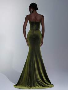 Elitara Elegant Military Green Velvet Bustier Dress,Luxurious Patchwork,Draped Neckline,Ruched Waist,Flounce Hem,Suitable For Dates,Weddings,Formal Occasions - Army Green - View 4