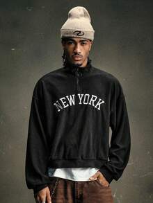 AXEPEAK Men's Fall/Winter Fleece Pullover Sweatshirt With Zipper And New York Embroidery,Fleece - Black - View 5