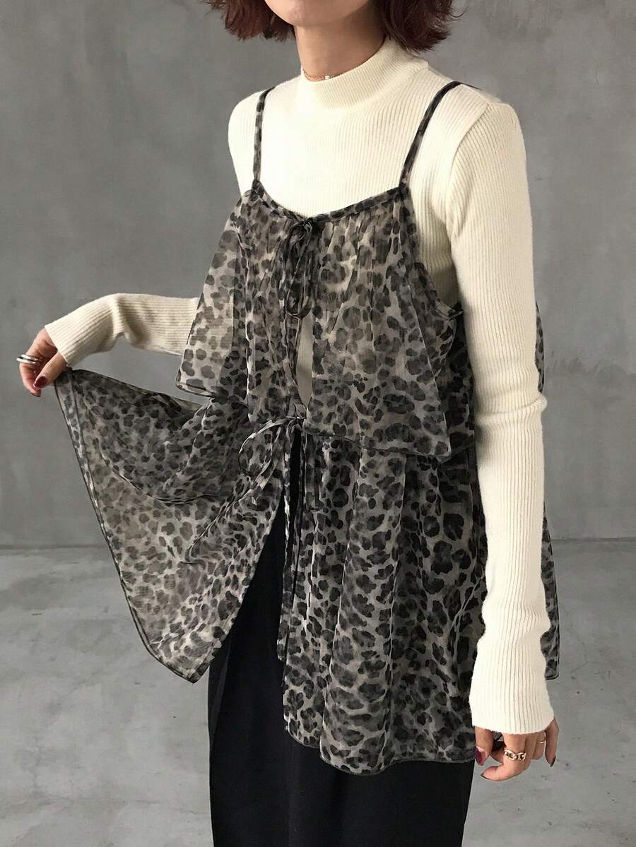 FRIFUL 女士豹纹薄纱吊带系带宽松休闲百搭背心，秋季款 - 棕色 - 查看 1