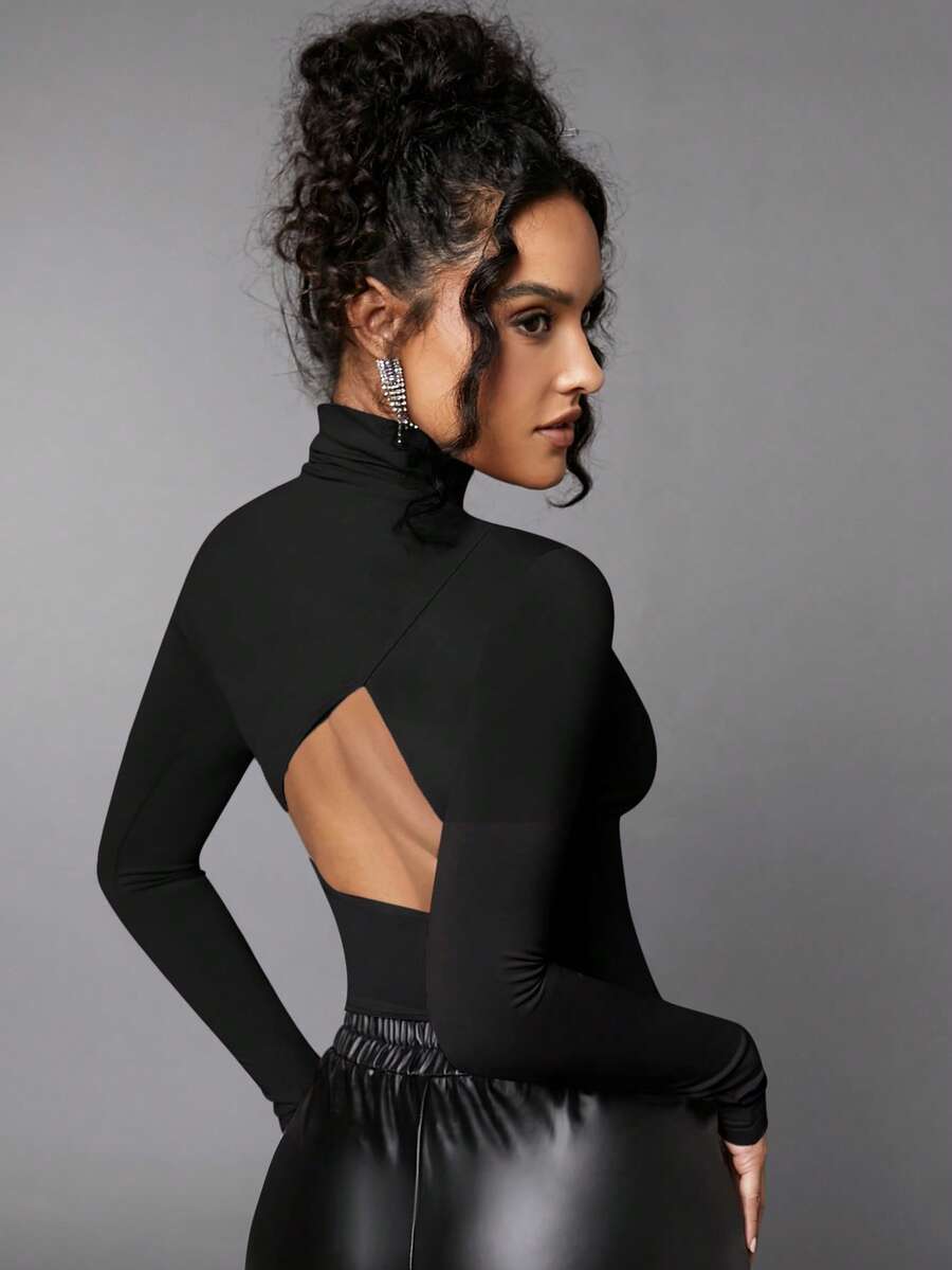Silquee Hollow Out Back Design Half High Neck T-shirt For Women - Black - View 1