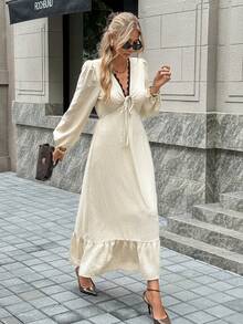SHEIN Frenchy Đầm ren tương phản cổ chữ V sâu buộc phía trước tay đèn lồng gợi cảm cho nữ - Màu be - Xem 7