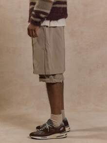 Musero Tailored Longline Shorts Pleat Seam Detailing Double Layer Style Button Fastening Belt Loop Detail Summer Spring Holiday Vacation Streetstyle - Khaki - View 3