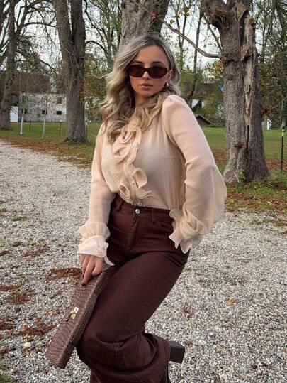 Jeta Ari Blusa elegante y moderna con cuello redondo y mangas con volantes, adecuada para el Día de San Valentín, vacaciones, Año Nuevo