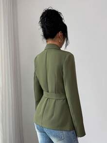 SHEIN Elenzya Women's Elegant Military Green Cinched Waist Regular Blazer Jacket, Suitable For Dates, Parties, And Everyday Wear, Autumn/Winter - Army Green - View 2