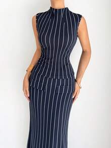 Siren Gaze Women's Fashion Commuter Striped Collar Vest And Skirt 2 Pieces Set Summer Blue - Blue - View 4