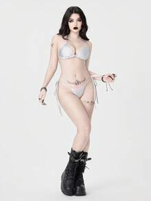 ROMWE Grunge Punk Conjunto de lencería con cordones de estilo oscuro y punk para festivales de música de la mujer - Plateado - Ver 6