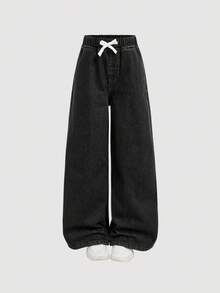 SHEIN Celana Jeans Biru Denim Longgar Model Basic untuk Remaja Perempuan, Lapisan Termal, Musim Gugur/Dingin - Hitam - View 4