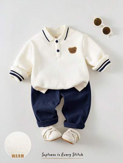 Cozy Pixies 2 st. set med mjuk stickad tröja för babypojke med tecknad björnmönster och långärmad tröja och byxor i resår i midjan