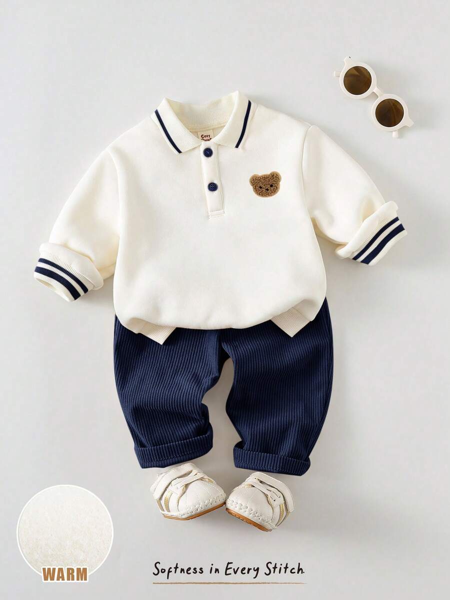 Cozy Pixies 2 件套男婴卡通熊图案针织柔软圆领长袖套头衫和松紧腰裤套装