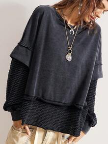 Bohemela 波西米亚风圣诞新年服装拼接二合一休闲纯色针织圆领长袖宽松女式卫衣，冬季 - 黑色 - 查看 1