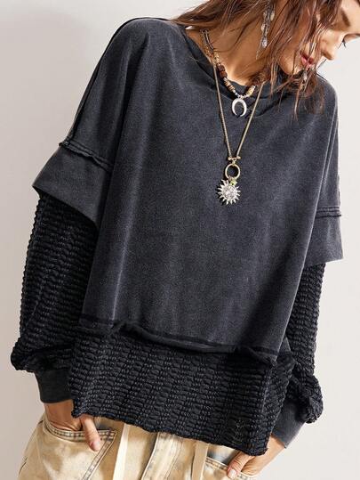 Bohemela 波西米亚风圣诞新年服装拼接二合一休闲纯色针织圆领长袖宽松女式卫衣，冬季