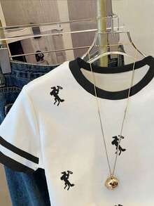 SHEIN Kaos Wanita Kasual Motif Blok Warna, Leher Bulat, Lengan Pendek - MultiWarna - View 3