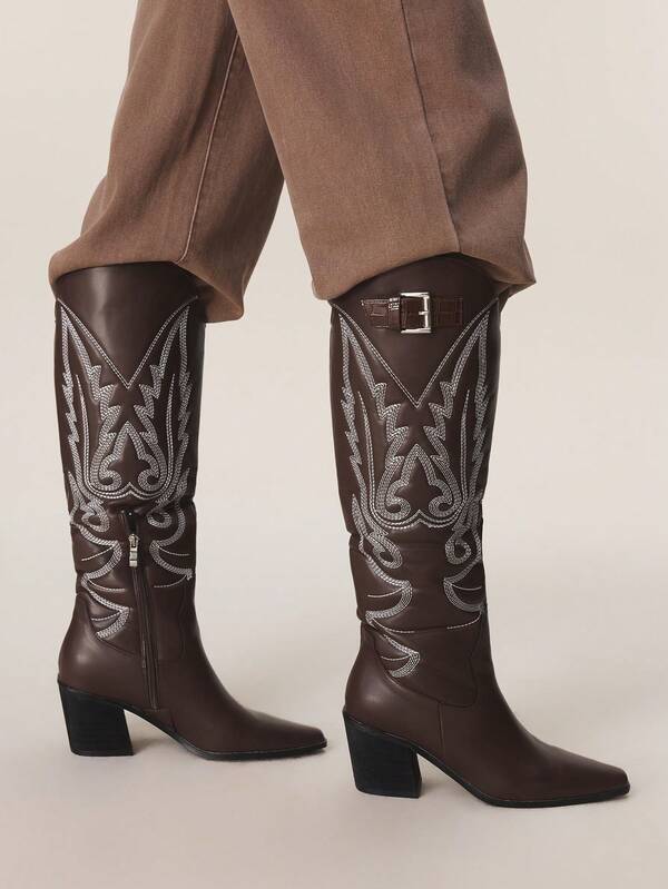 Styleloop Kadınlar İçin İşlemeli Tokalı Dekorlu Alçak Topuklu Diz Üstü Botlar, Müzik Festivalleri, Cadılar Bayramı, Noel ve Partiler İçin Uygun