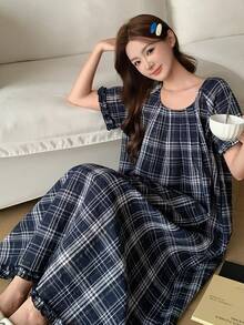 DAZY Plaid Ruched Design Frill Trim Loose Fit Women Casual Dress