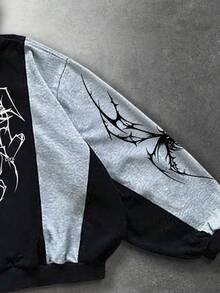 ROMWE MEN Goth Felpa con cappuccio da uomo con chiusura lampo, stile patchwork, colori a contrasto, stampa a ragno, vestibilità morbida, maniche lunghe