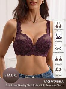 SHEIN Fashion Romantic French Gold Thread Floral Lace Push-Up Underwire Bra With Adjustable Shoulder Straps, 1pc - Maroon - View 5
