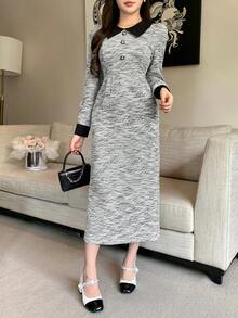 DAZY Váy dài vừa phải cổ bẻ phối màu thanh lịch dành cho nữ, mùa thu - Xám - Xem 6