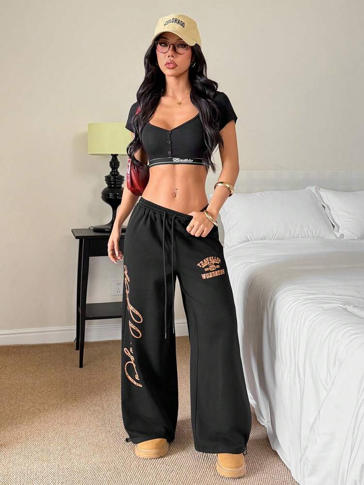SHEIN PETITE 女士秋冬/夏季及夏季街头服饰比赛日返校复古猎豹印花舒适黑色宽松阔腿运动裤 - 黑色 - 查看 8