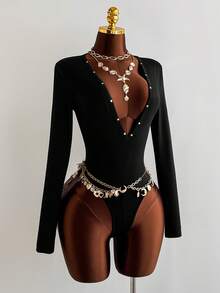 EgrlEra Black High Stretch Knit Fabric Rhinestone Decor Deep V Bodysuit For Women, Autumn/Winter , Minimalist Versatile, Sexy Retro Chic, Suitable For Party, Date, Casual Daily Wear - Black - View 3