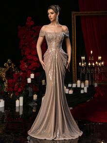 Glamrae Elegant Brown Luxurious Sequin Lace Patchwork Off-Shoulder Mermaid Hem Adjustable Tie Dress, Suitable For Dates, Vacations, Singles Parties, Weddings, Formal Occasions - Brown - View 2