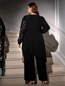 Ellevyn 大码交叉裹身长袖优雅收腰两件套 - 黑色 - 查看 3