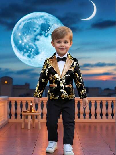 SHEIN 4-7 Years Old Fashionable Gentleman 2 Pieces Set: 1 Black Base Gold Foil Print Long Sleeve Blazer Jacket With Contrast Collar And Faux Pocket Details, 1 Elastic Waist Straight Leg Trouser Pants. Elegant And Sophisticated Outfit Suitable For Birthday Party, Formal Event, Wedding, Christening Ceremony