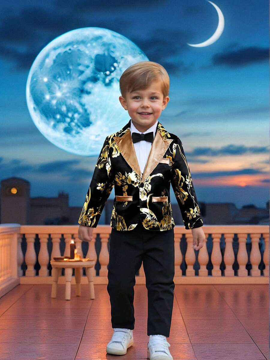 SHEIN 4-7 Years Old Gentleman 2 Pieces Set:Gold Foil Print Blazer Jacket&Straight Leg Pants Outfit For Wedding,Summer,Traditional Birthday Formal Event - Black - View 1