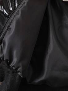 女童黑色连帽加厚高腰罗纹修身时尚羽绒服，秋冬季休闲百搭外套，儿童黑色夹克，女童黑色夹克，儿童飞行员夹克 - 黑色 - 查看 9