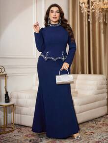 Modelyn Vestido elegante de manga larga, ajustado, con cuello de pie y decoración de strass, talla grande - azul real - Ver 5