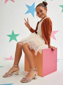 Mini mi Girls' Sparkly Gold Kitten Heel Sandals With Rhinestone Straps & Ankle Buckle – Perfect For Party & Pageant - Gold - View 2