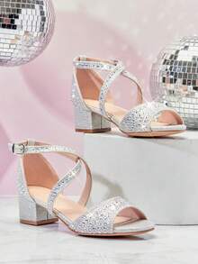 Mini mi #ShinyCharm 女童露趾低跟闪亮银色连衣裙凉鞋 – 全身闪耀水钻，安全时尚。 - 銀色 - 查看 5