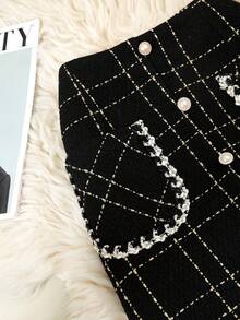 GlowEve 黑色高腰格纹粗花呢优雅A字裙，女士款 - 黑色 - 查看 5