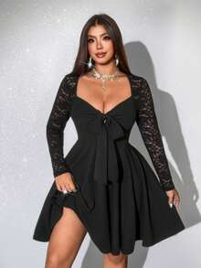 Viva Relle Große Größen Damen elegantes, sexy Spitzen-Patchwork Schnürdesign Langarmkleid, geeignet für den Herbst, elegante Kleider für Frauen, Valentinstag - Schwarz - Übersicht 5