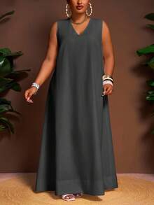 Veslaya 春夏新款度假休闲/通勤休闲/日常休闲/百搭纯白宽松V领A字不规则下摆大码长裙 - Z - 灰色 - 查看 3