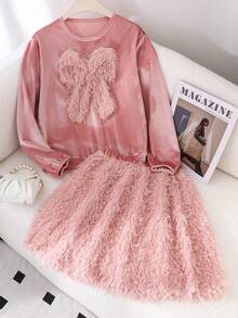 Elladie kids 2 Stücke/Set Mädchen Plüschstoff Rundhals Langarm Loose Fit Fellschleife Vorne Pullover Sweatshirt & A-Linie Lang Plüsch Rock Elegantes Warmes Outfit, geeignet für Herbst/Winter Lässig oder Formelle Kleidung