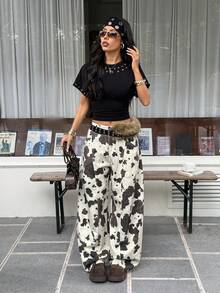 Muchica 女式牛仔印花口袋宽腿宽松休闲牛仔裤